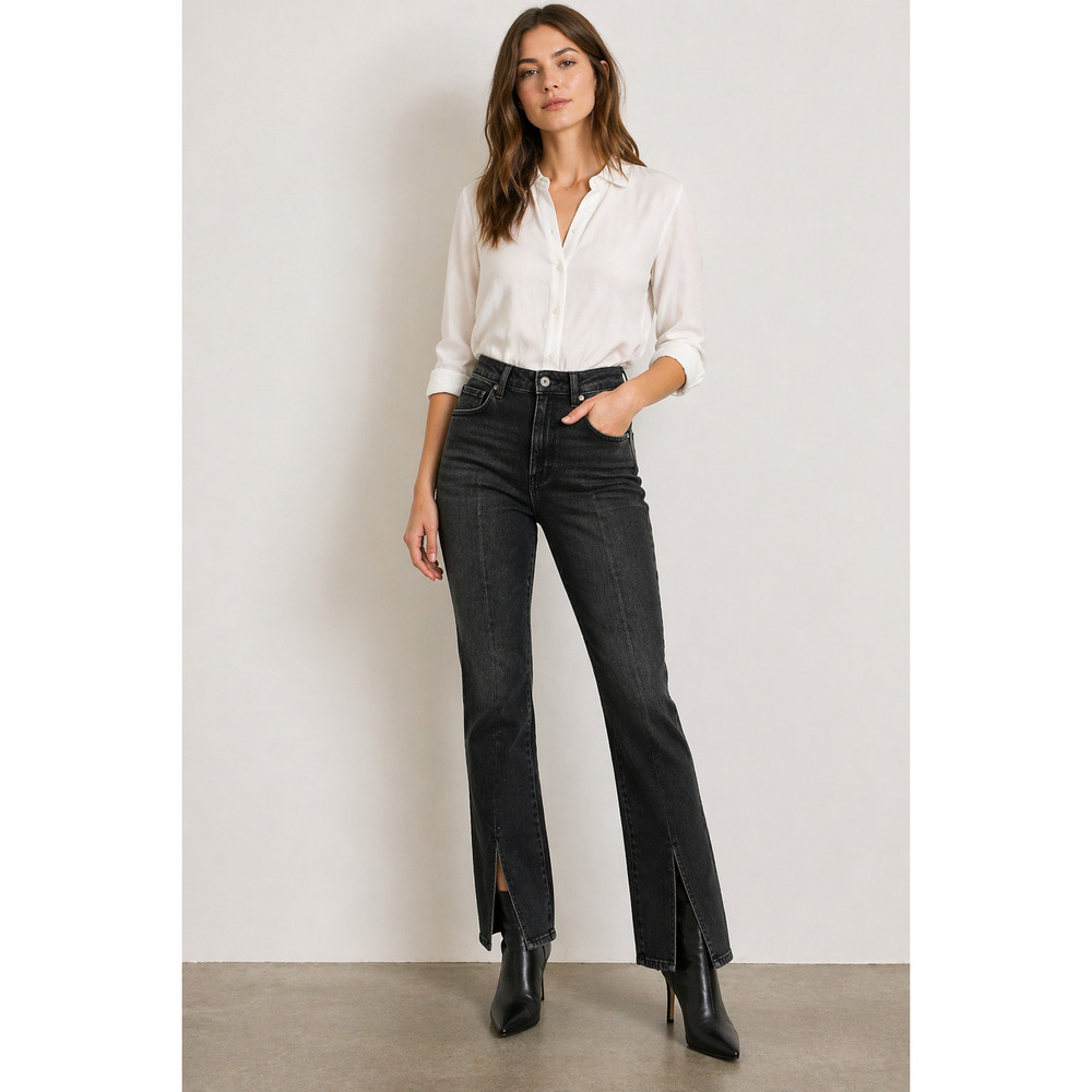 Hudson Holly High Rise Straight Leg Jeans Size 25 Charcoal Black Side Split Hem